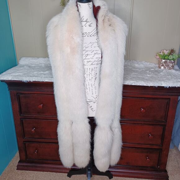 Real Luxurious Natural Beige Fox Warmth Fur Double Sided Boa Stole Scarf Tails - Picture 1 of 11